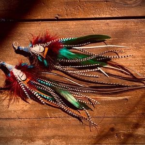 Exotic real feather earrings extra long festival NWOTs